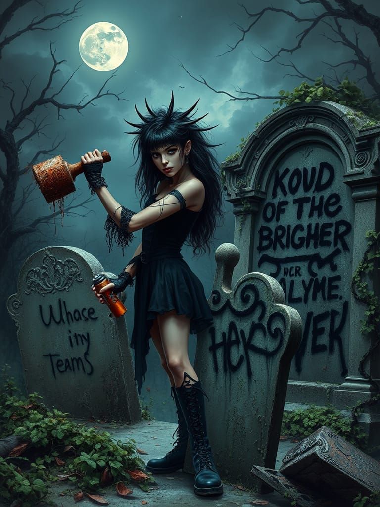 Delinquent goth girl vandalizing a cemetery