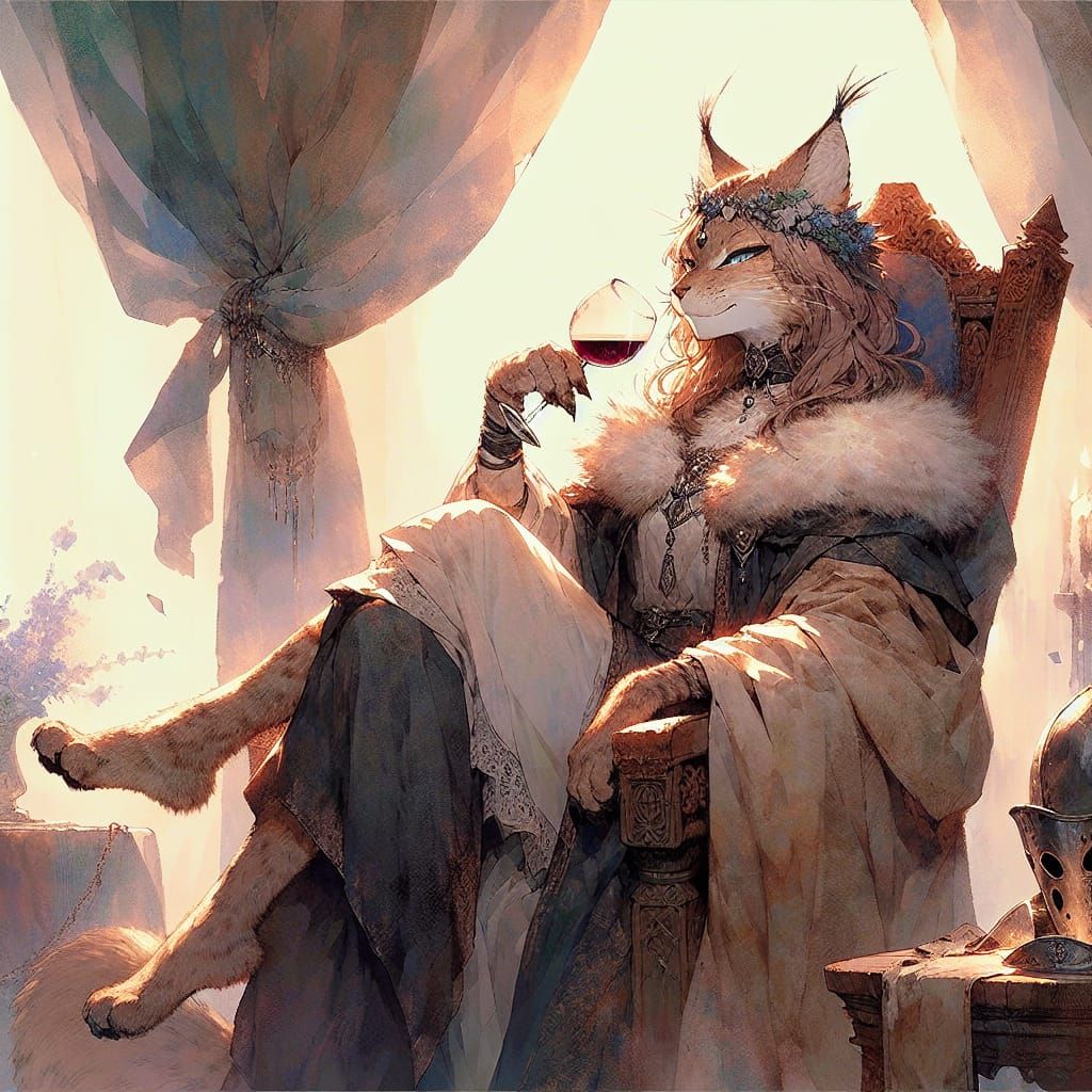 Lynx Queen on Throne in Fantasy Anime Style