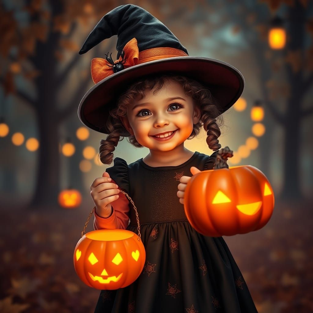 Little girl dressed as a witch going trick or treating, big ...