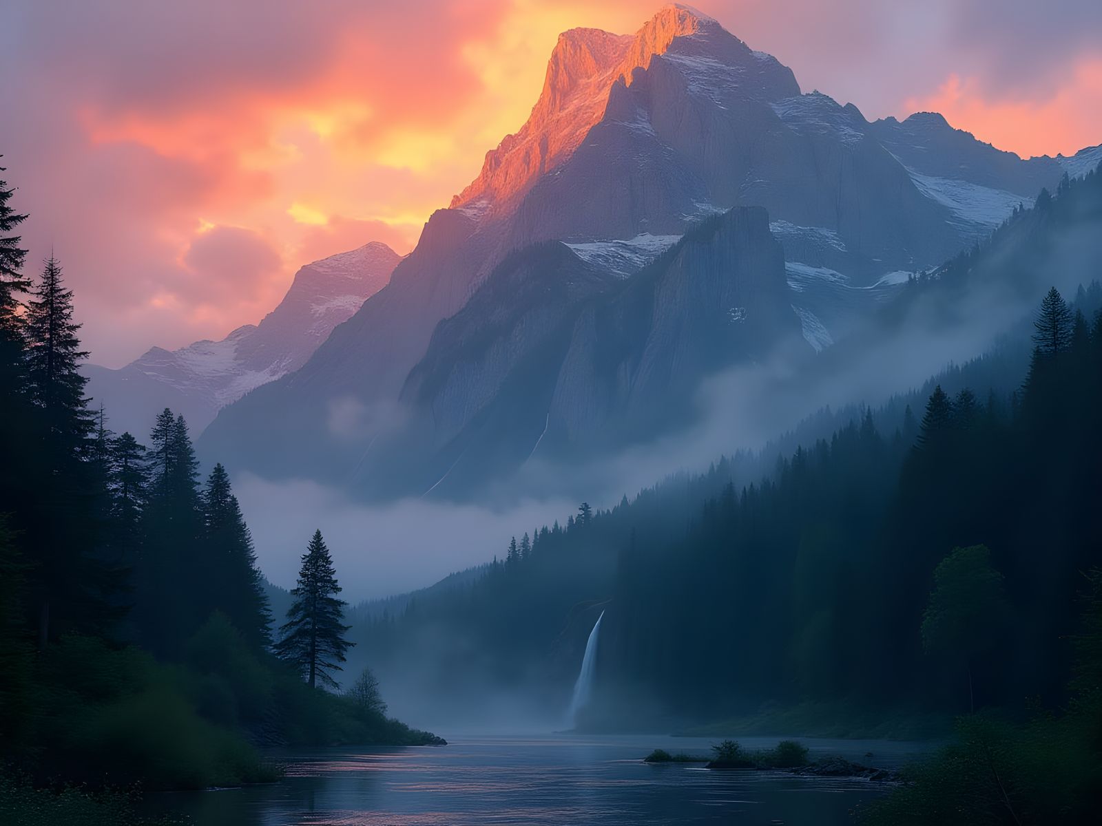 Sunset Mountain Landscape with Crystal Waterfall and Dark Fo...