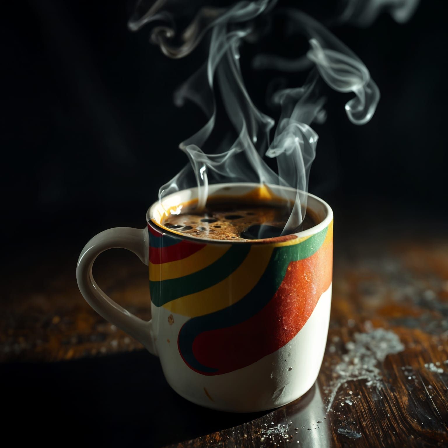 Hyperrealistic Still Life of a Rainbow Coffee Mug in a Drama...