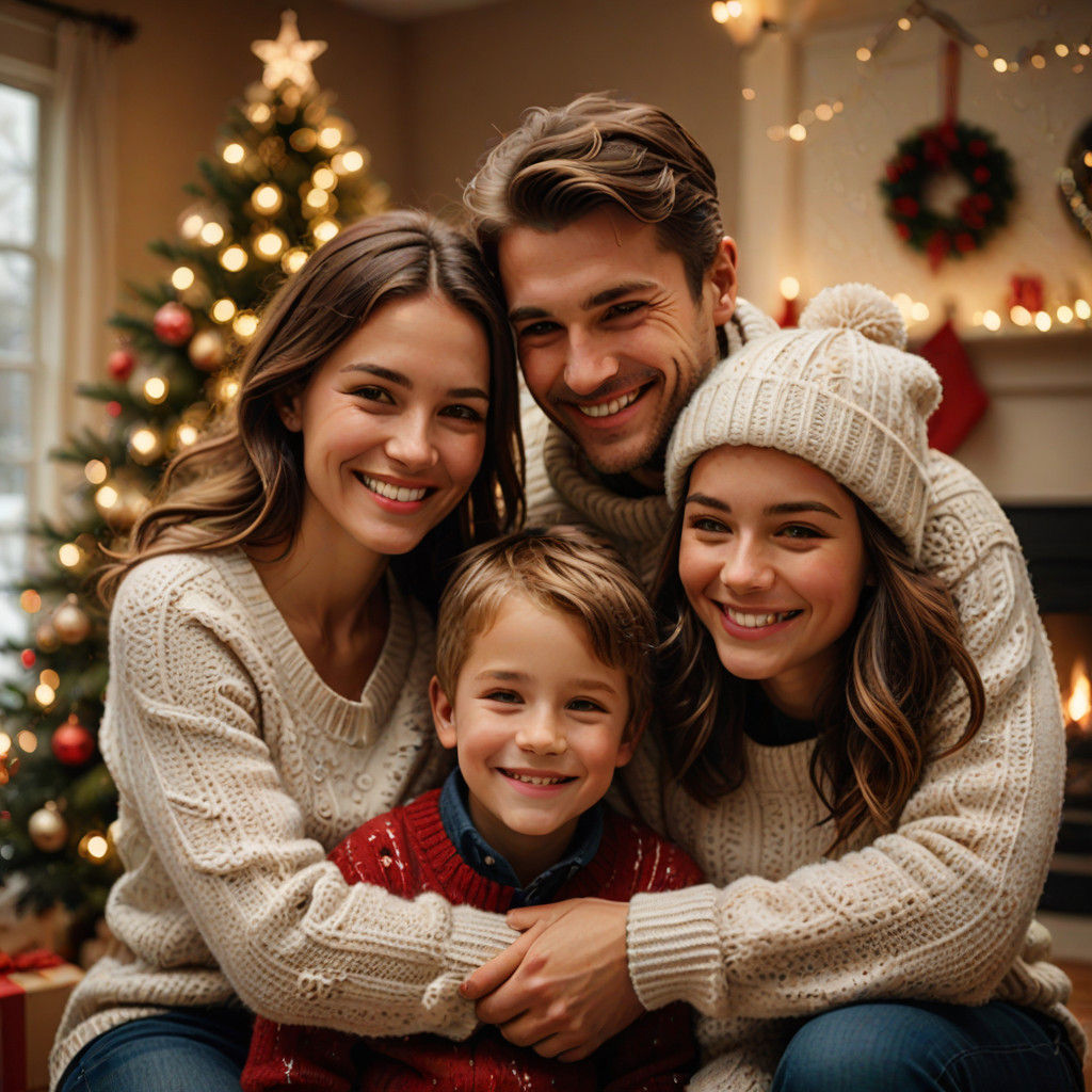 Cozy Family Christmas Scene in Vibrant Oil Painting Style