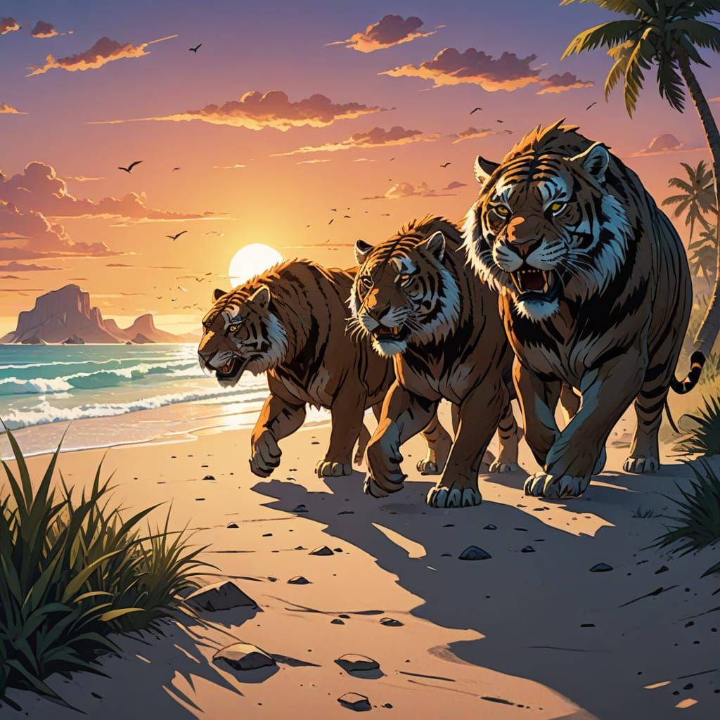 Saber Tooth Tigers Hunt at Sunset on a Fossilized Beach in a...