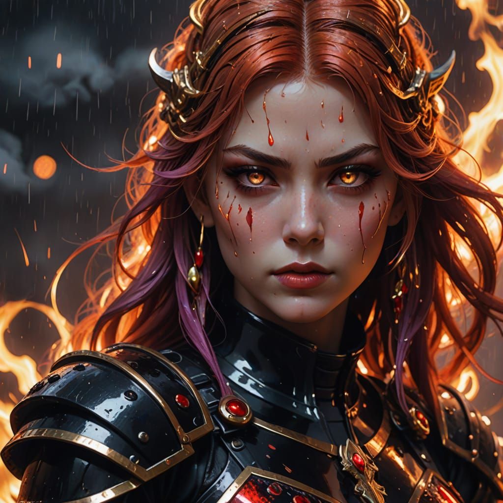Anime-Style Rain Queen Erupts from Fiery Embers