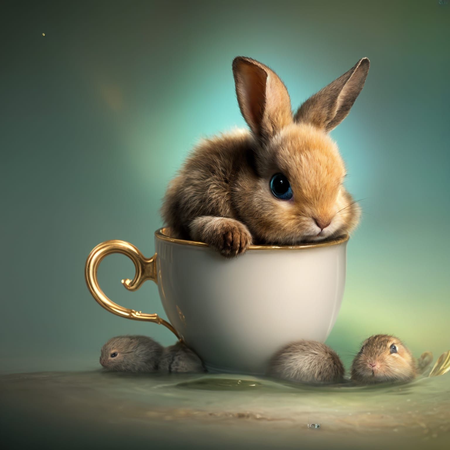 Cute Cartoon Bunny in Teacup, Digital Art