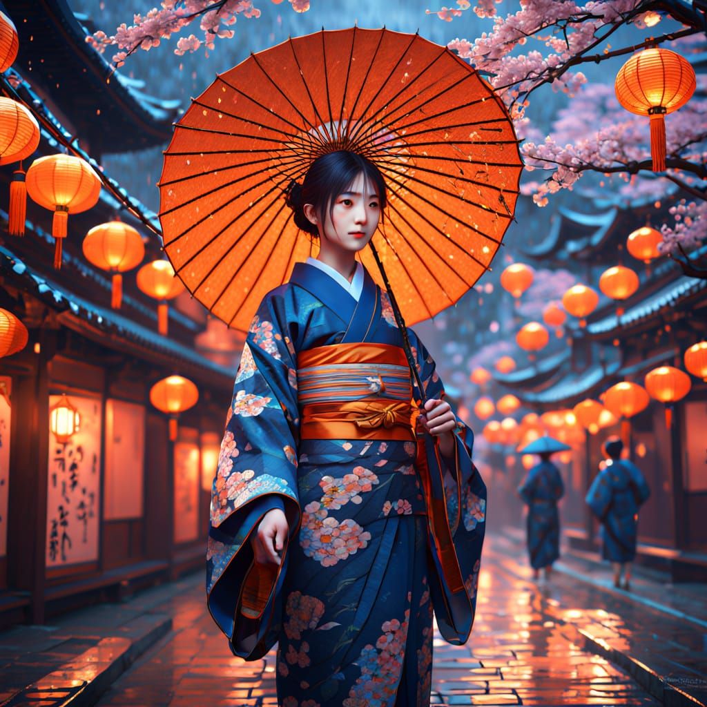 Fantastical Japanese Girl Walks Under Cherry Blossoms at Dus...