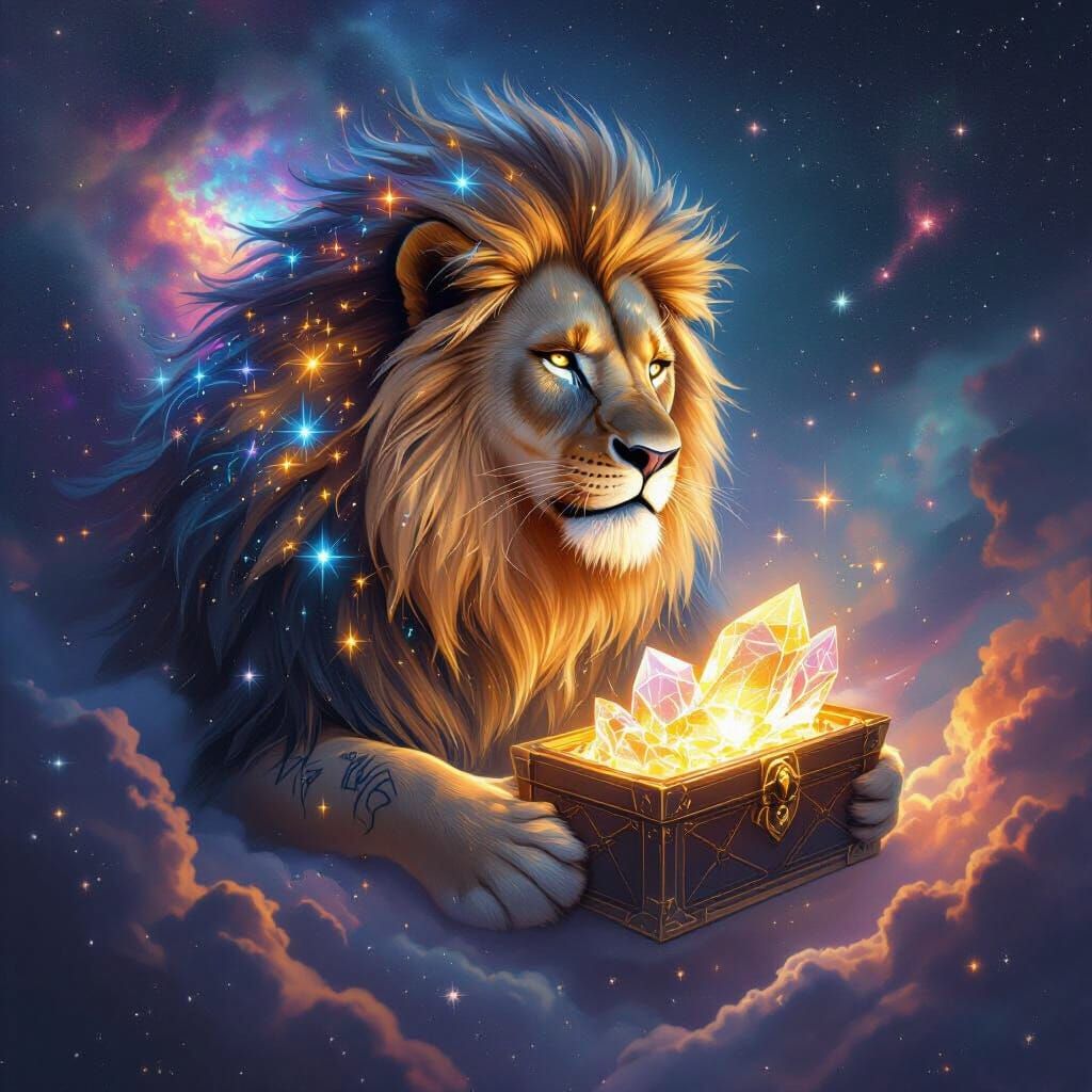 Celestial Lion Guarding Cosmic Treasure in Space