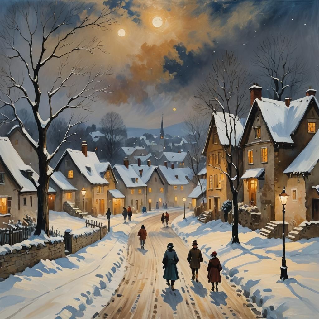 Impressionist Village Scene at Night