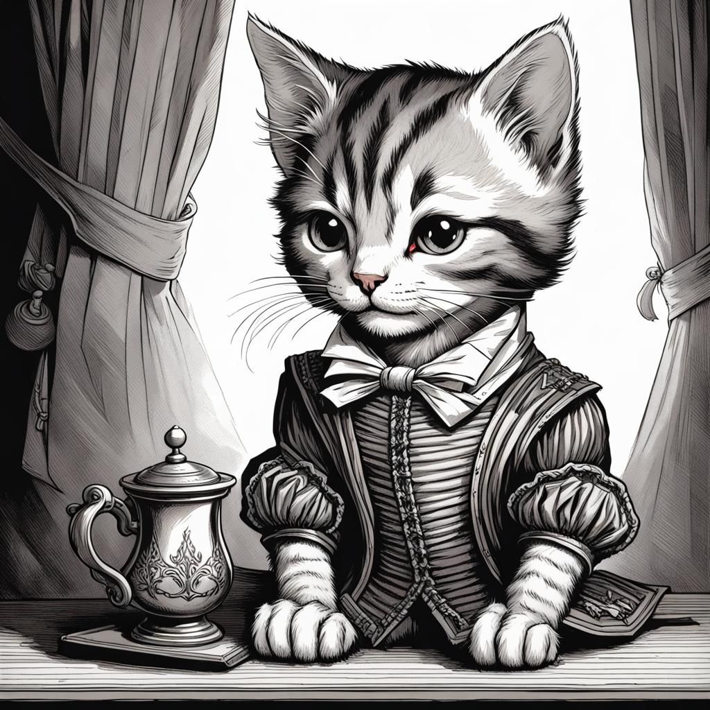 Tabby Kitten as Shakespeare, Tenniel Style Drawing