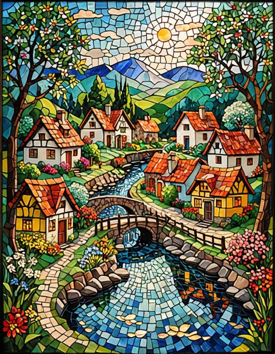 Vibrant Pointillist Mosaic of Rustic Village Scene