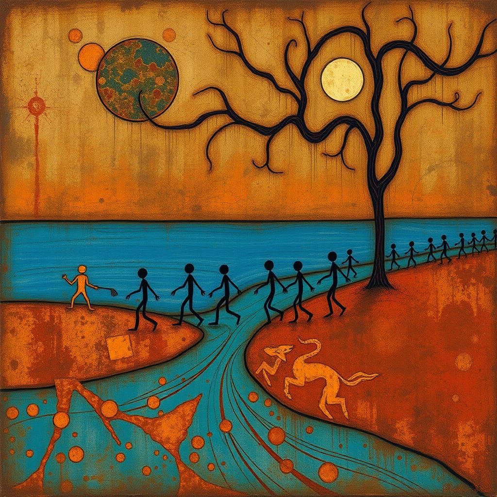 Surreal Stick Figures Cross the River Styx in a Blue Chaos