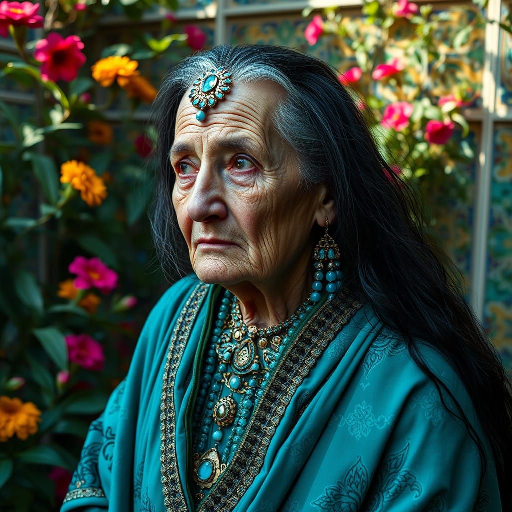 Turquoise Goddess of Wisdom Revealed in Vibrant Persian Gard...