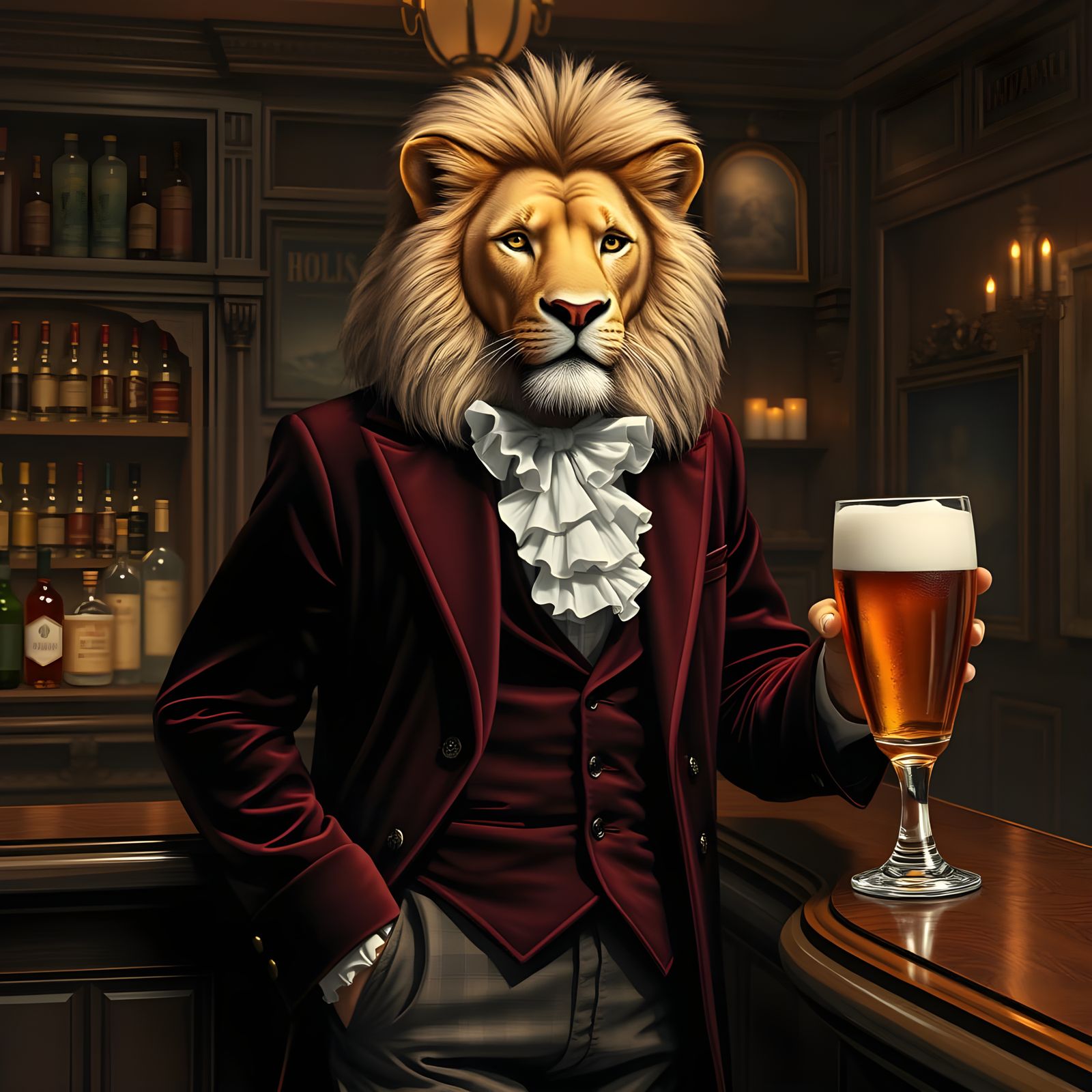 Lion in Luxurious Attire at the Pub