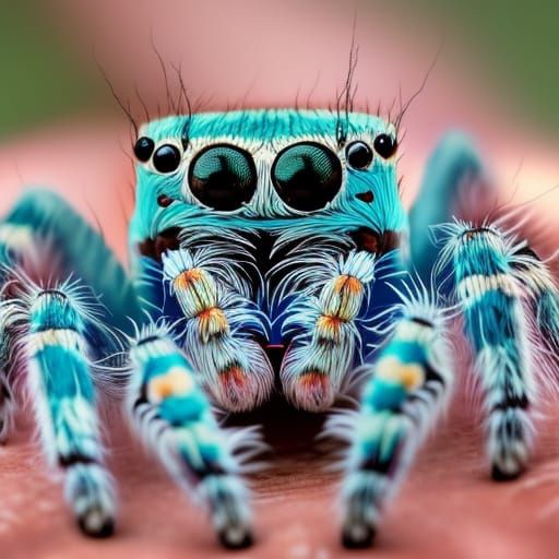 Cute Turquoise Jumping Spider on a Palm