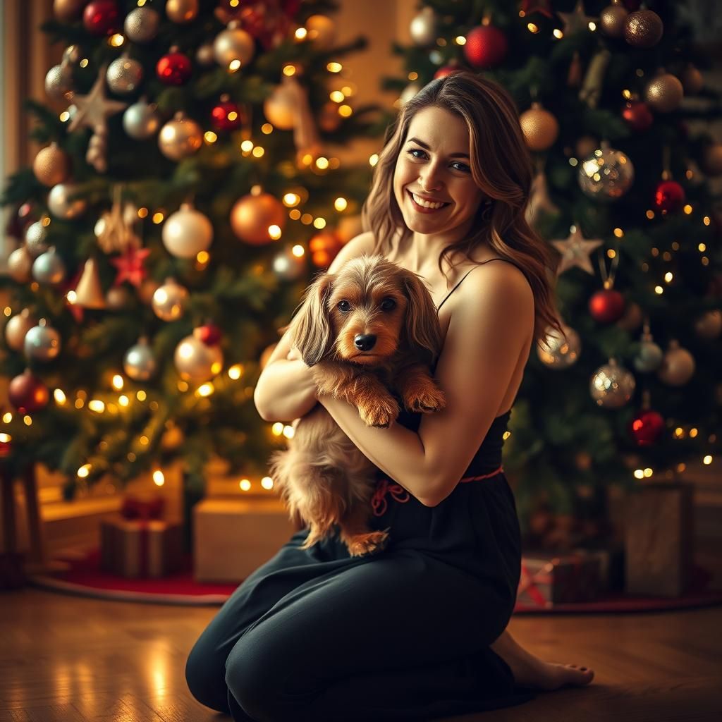 Festive Christmas Scene with Woman and Dachshund