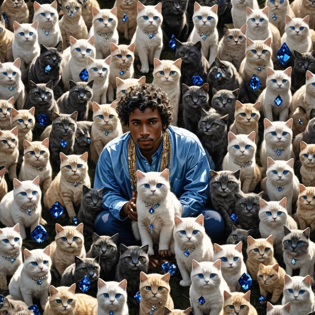 Gold Swarovski Cats and Praying Man: 3D Render