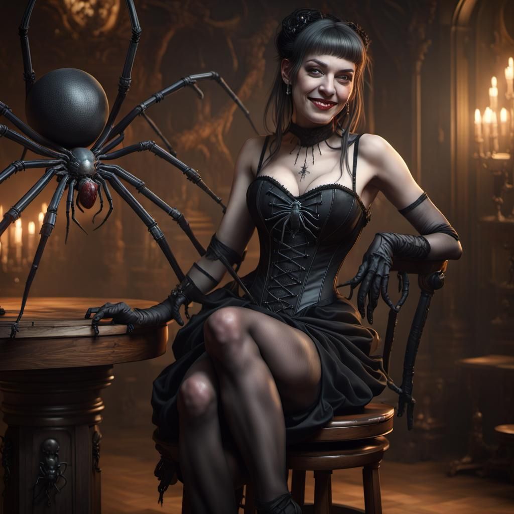 Sinister Goth Girl with Spider, Dark Fantasy Art