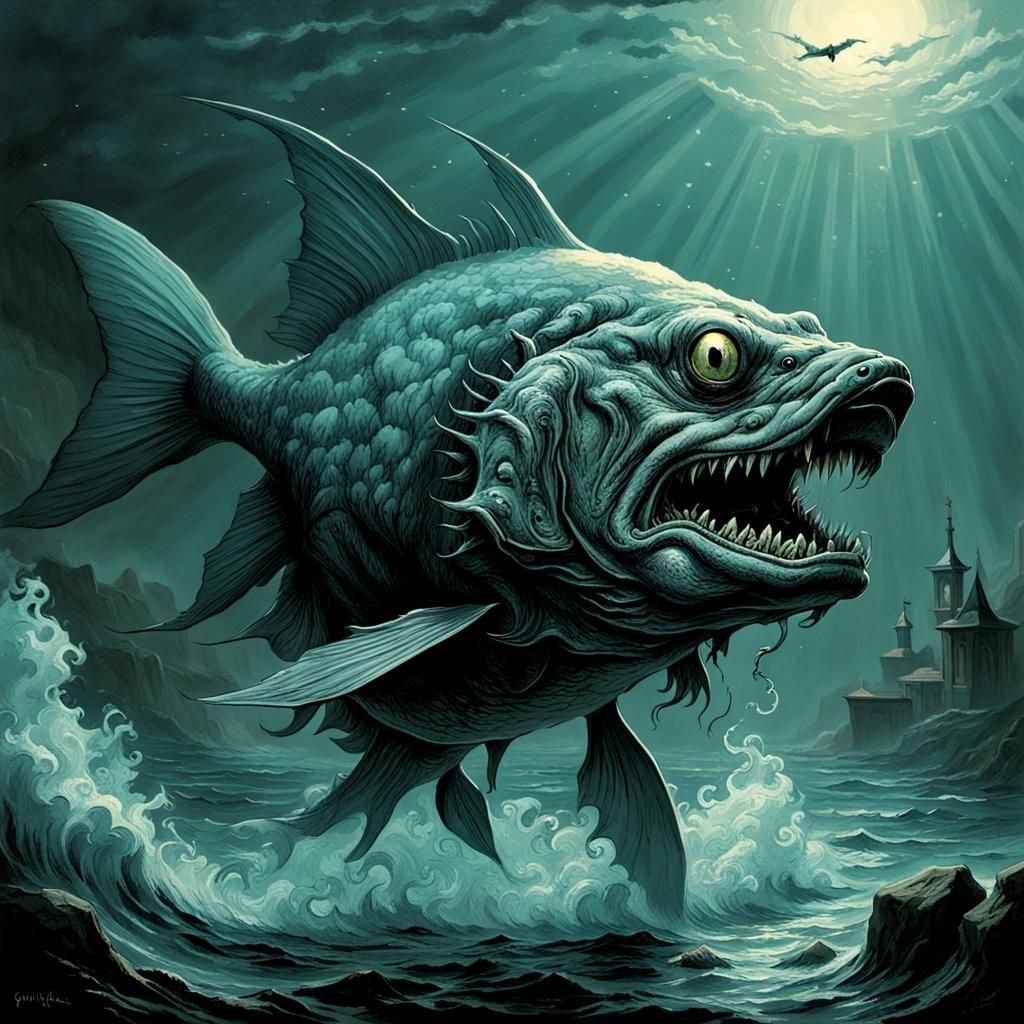 Horrific Mutant Dog Fish Wizard in Doré Style