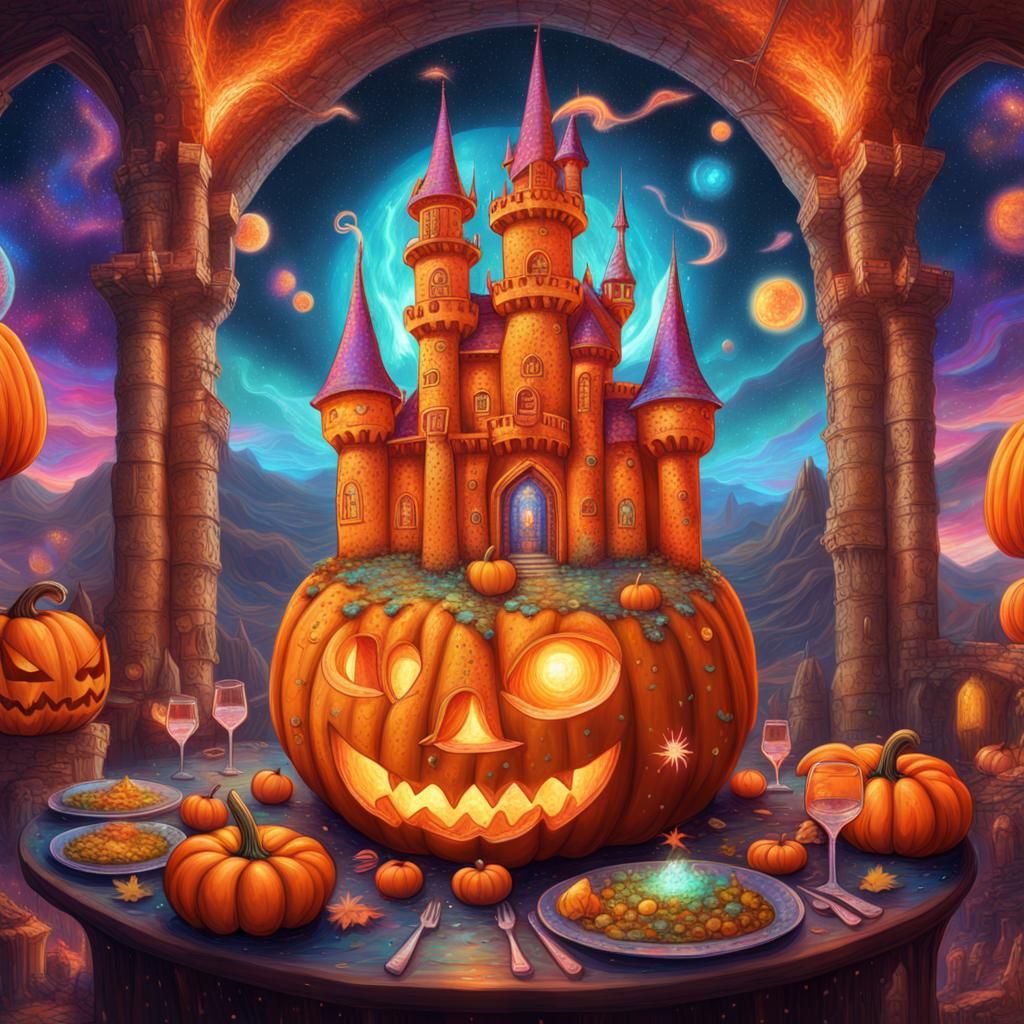 Pumpkin Castle Feast in Astral Illustration Style