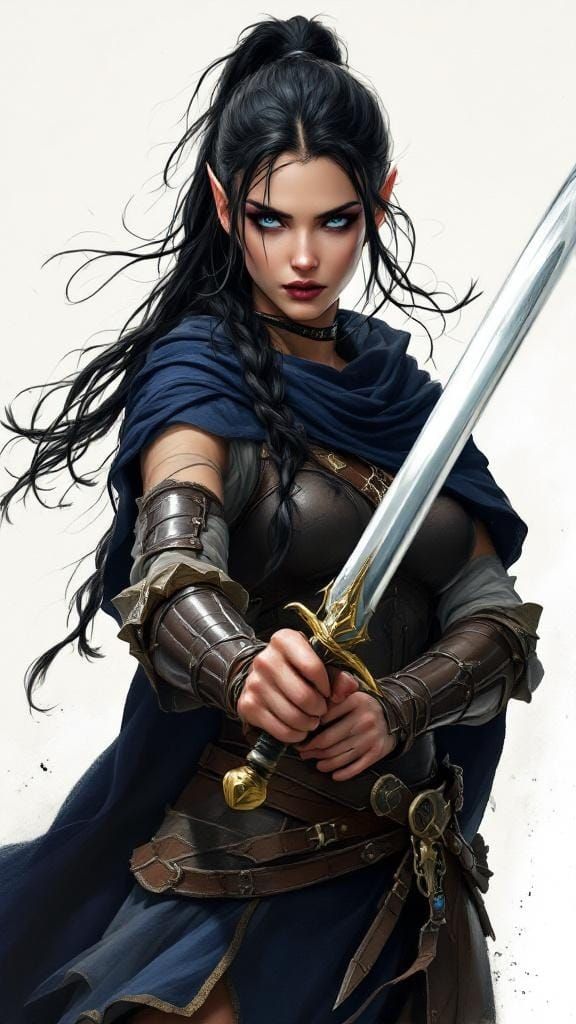 Half-Elf Warrior Ready for Battle: Detailed Painting