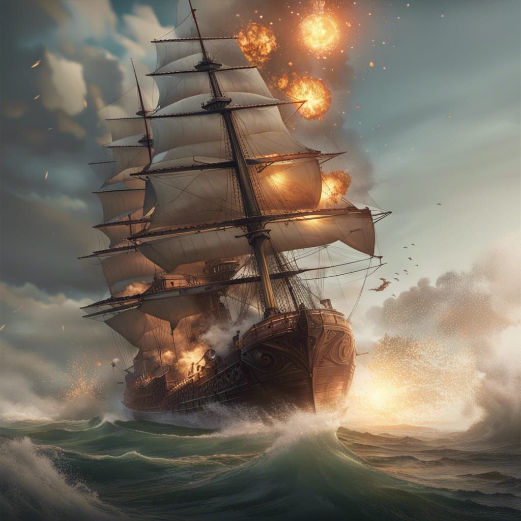 Naval Battle Scene with Cannon Fire in 8k Resolution