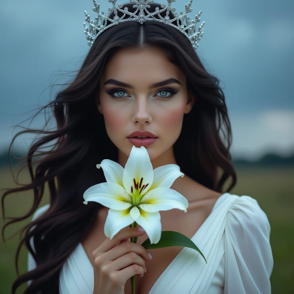 Ethereal Queen in Sculptural White Dress with Lily