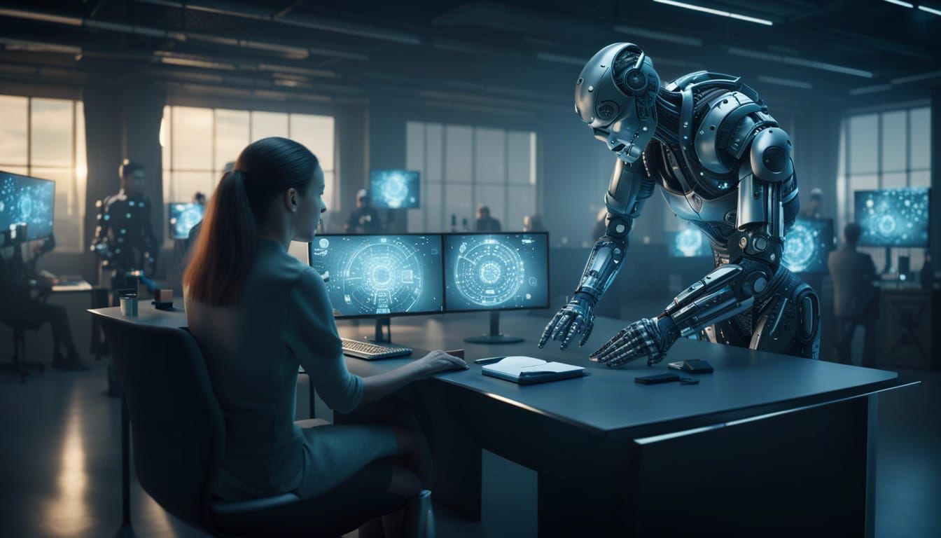 Futuristic Office: AI People and Robots Interact