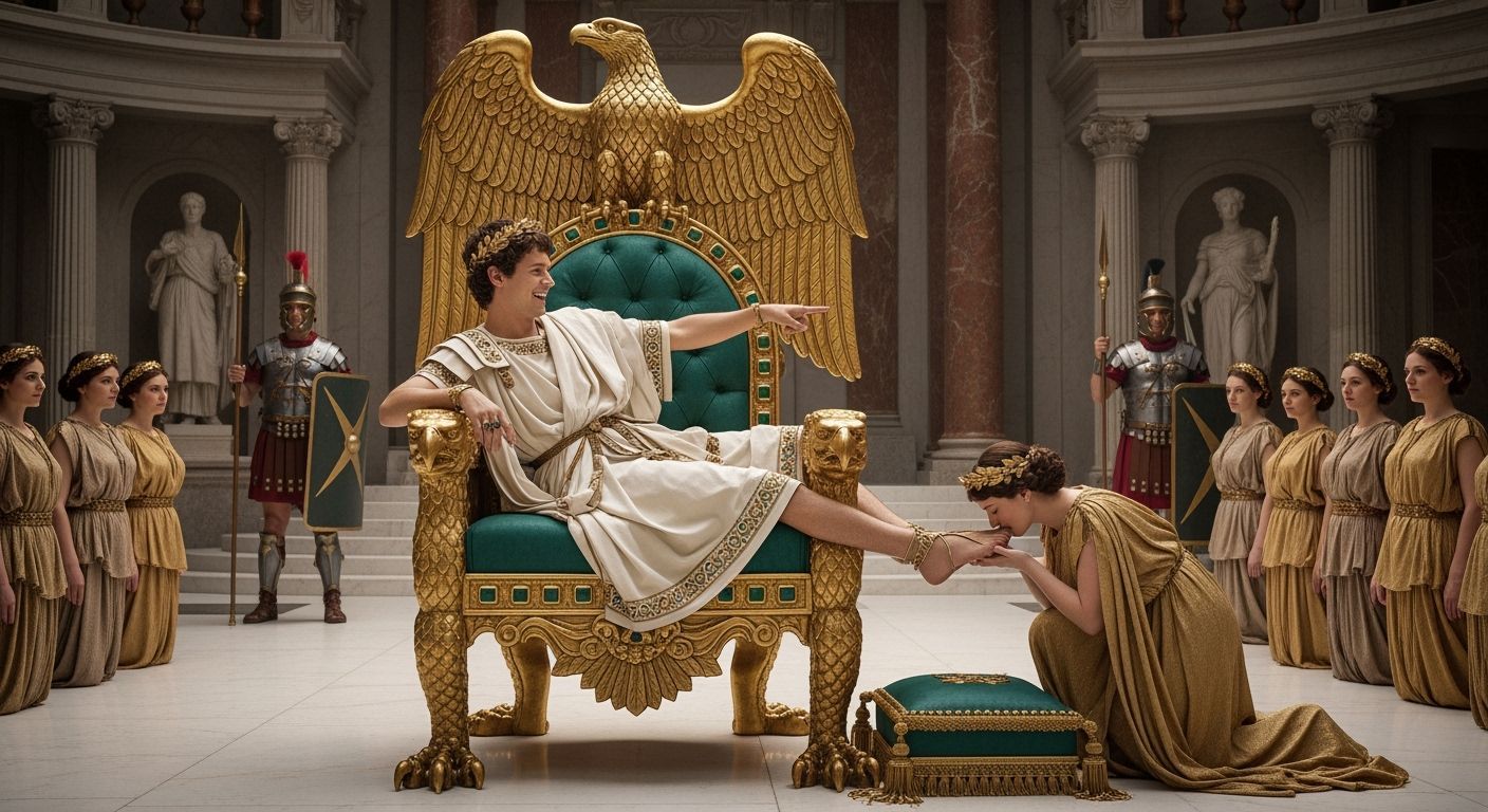 Emperor Nero on Gold Throne in Wide-Angle Photo