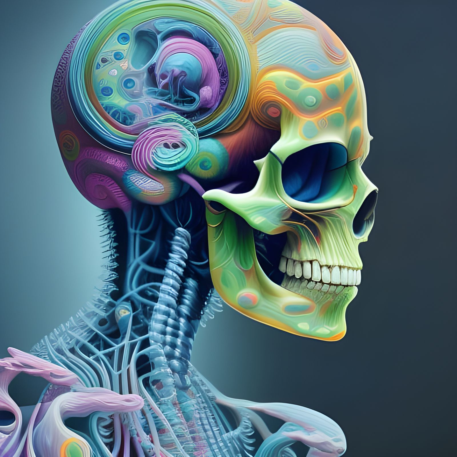 Neon Skull 3D Illustration in Japanese Art Style