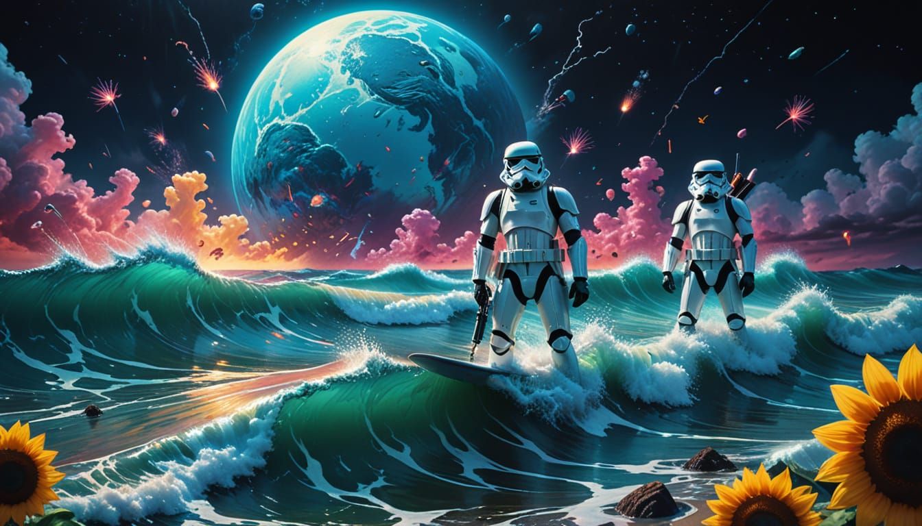 Stormtroopers Surfing Under Starry Skies in Neon Cyberpunk S...