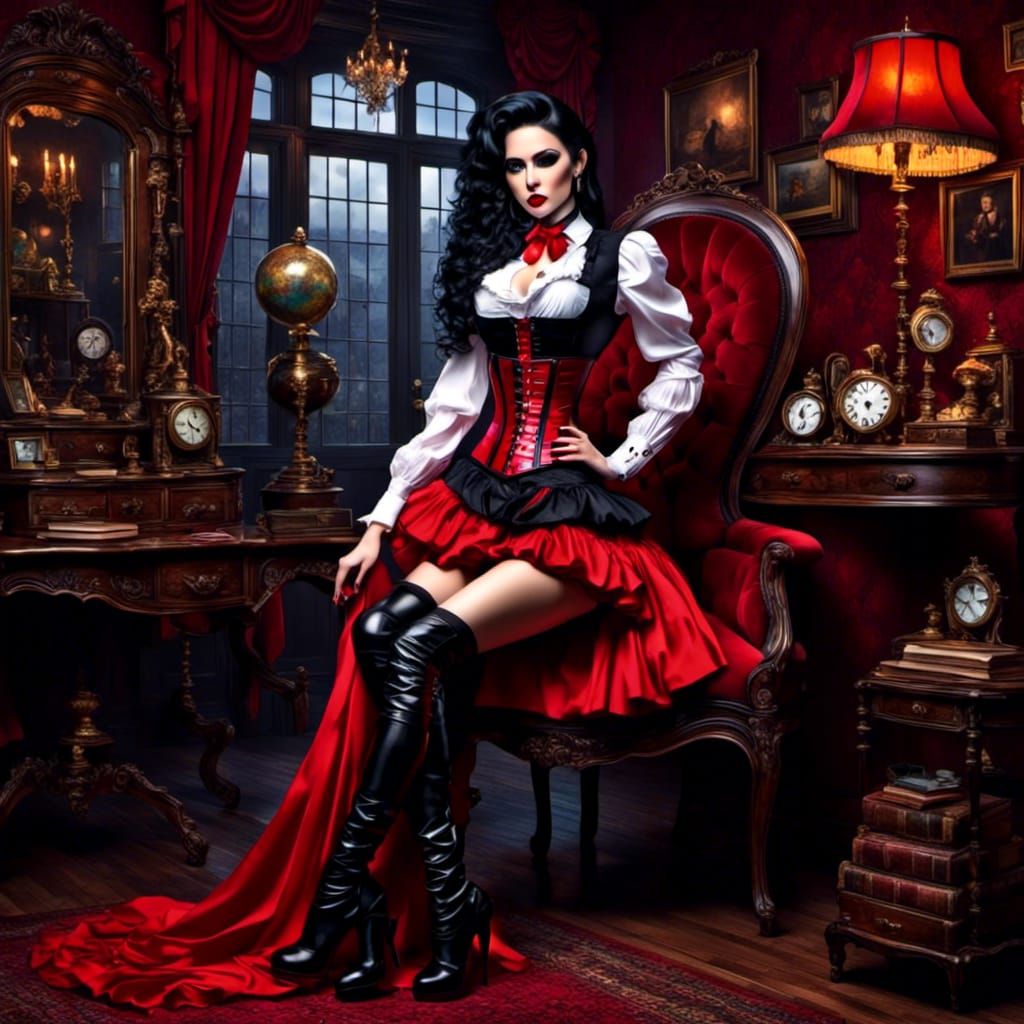 Beautiful Woman in Red Miniskirt and Black Corset