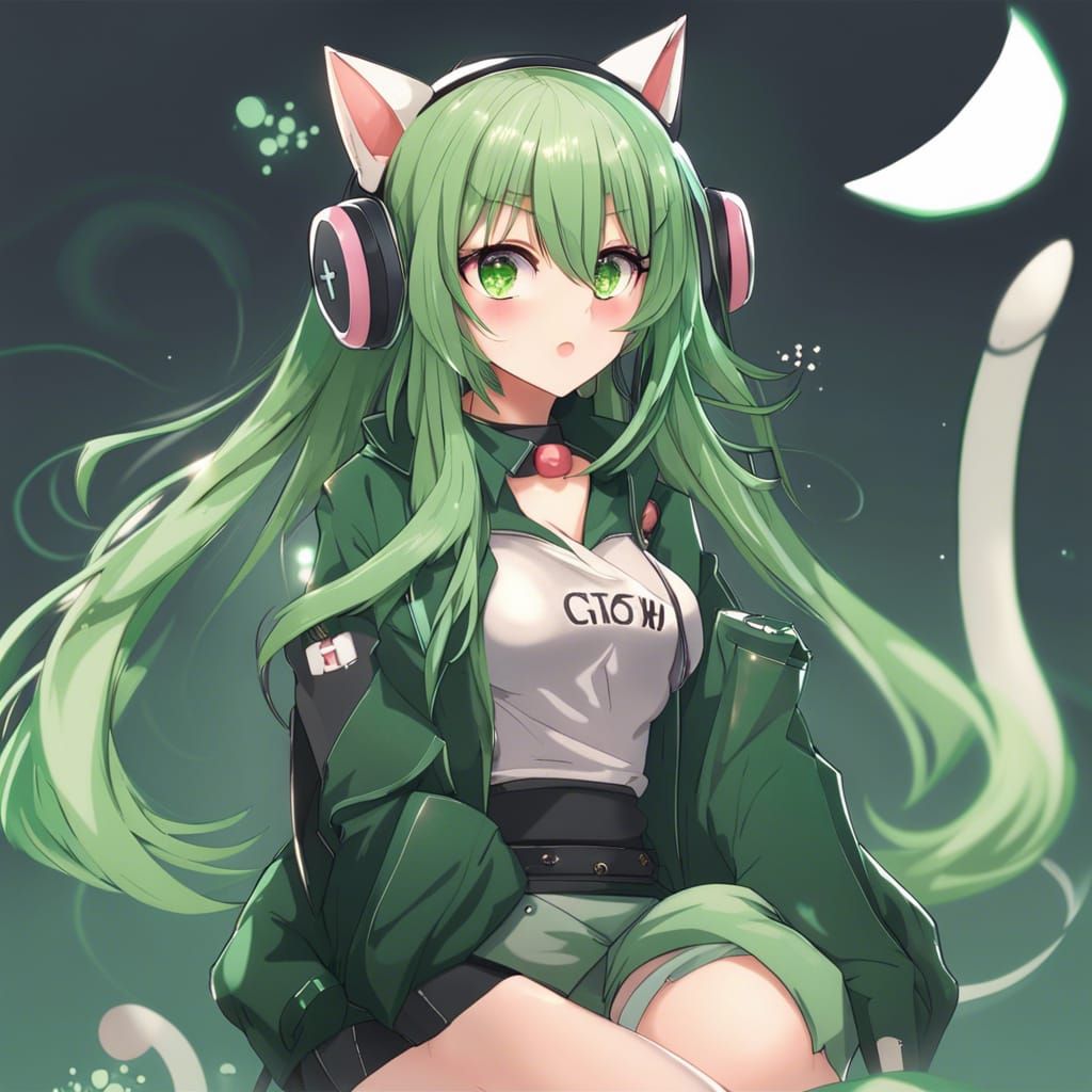 Anime Gamer Girl with Cat Ears and Green Hair