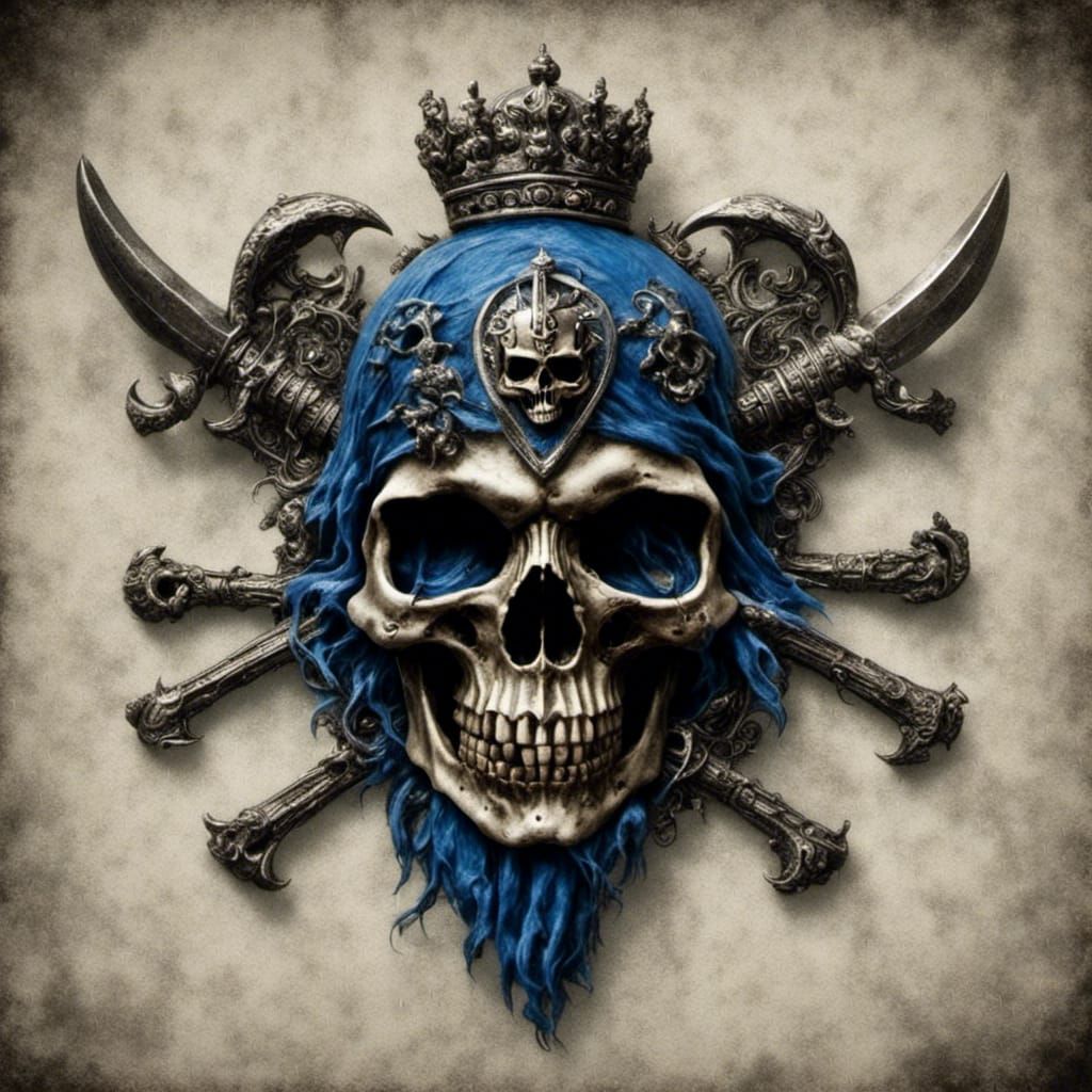 Scottish skull, blue, black, silver, moon,  3 prong trident,...