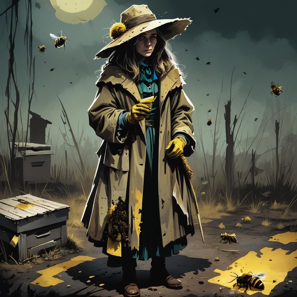 Woman and Giant Dead Bee in Dark Fantasy Illustration