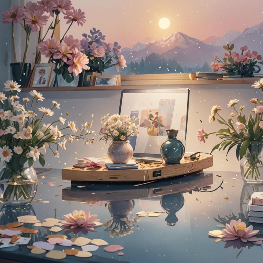 Cozy Cluttered Desk Still Life in Pastel Colors