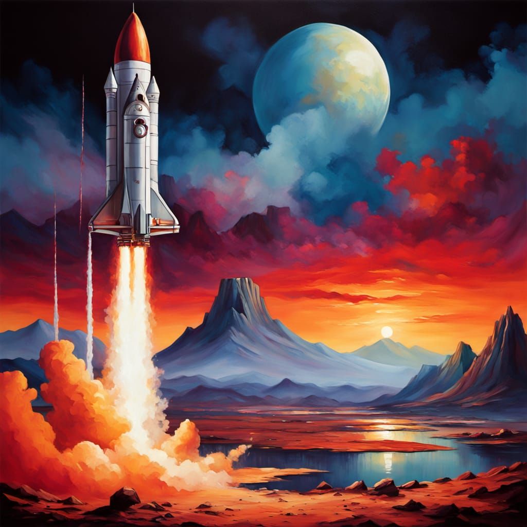 Ethereal Mars Liftoff in Vibrant Oil Painting Style