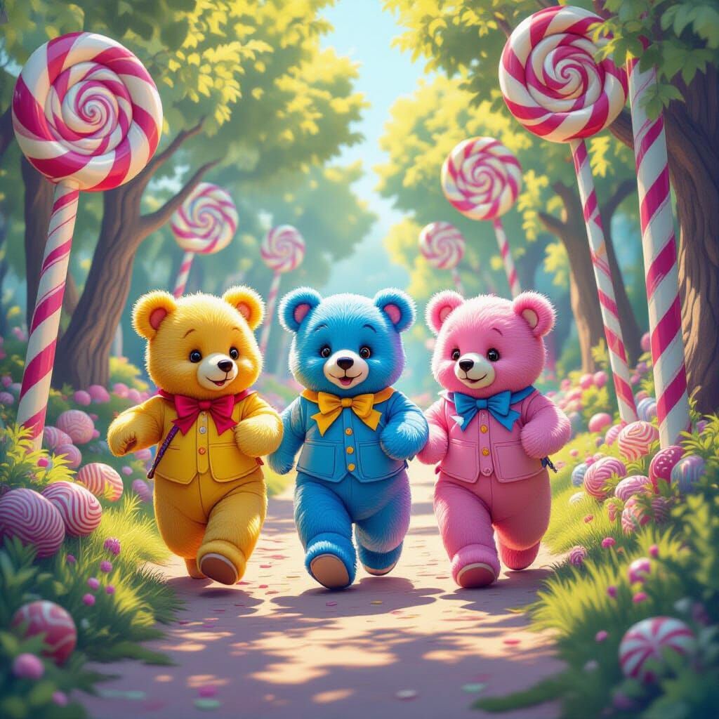 Three Colorful Bears Skip Through a Whimsical Candy Forest