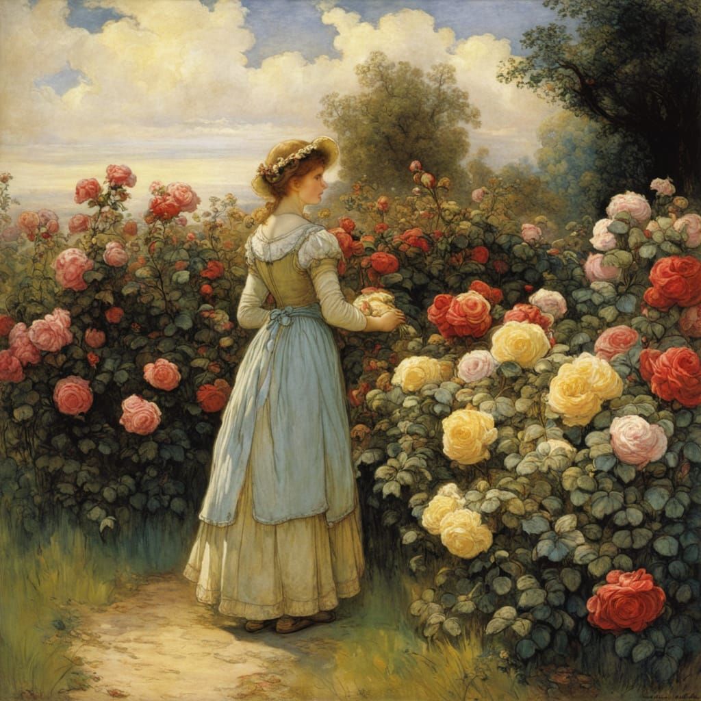 Enchanting Rose Garden Scene in Whimsical Fairytale Style