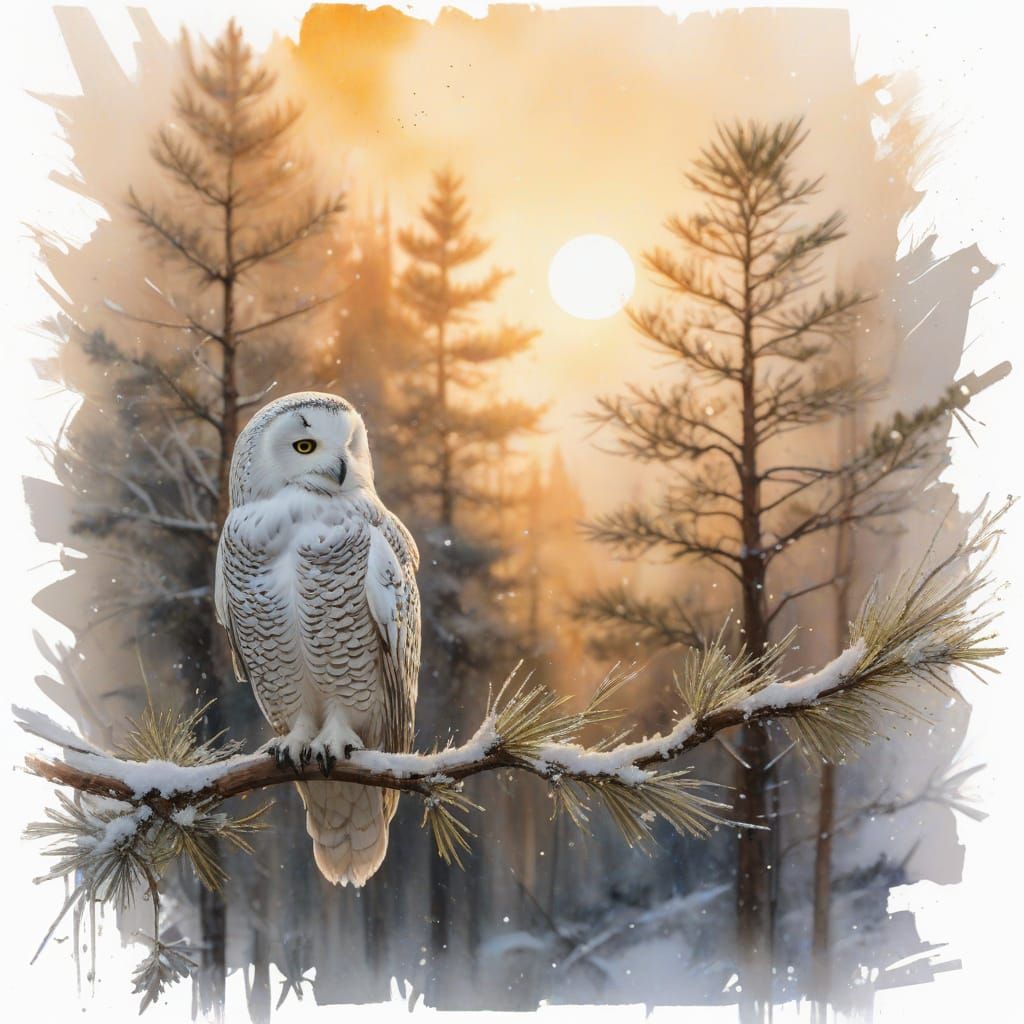 Snow Owl on a Moonlit Winter Branch