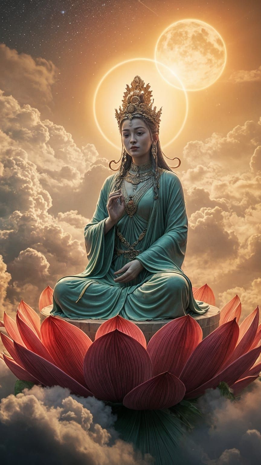 Benevolent Guan Yin on Lotus in Starry Sky