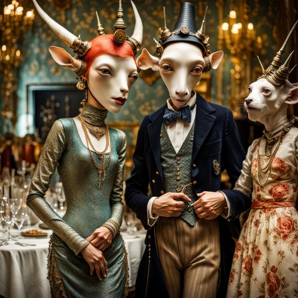 Surreal Restaurant Scene with Exotic Aliens and People