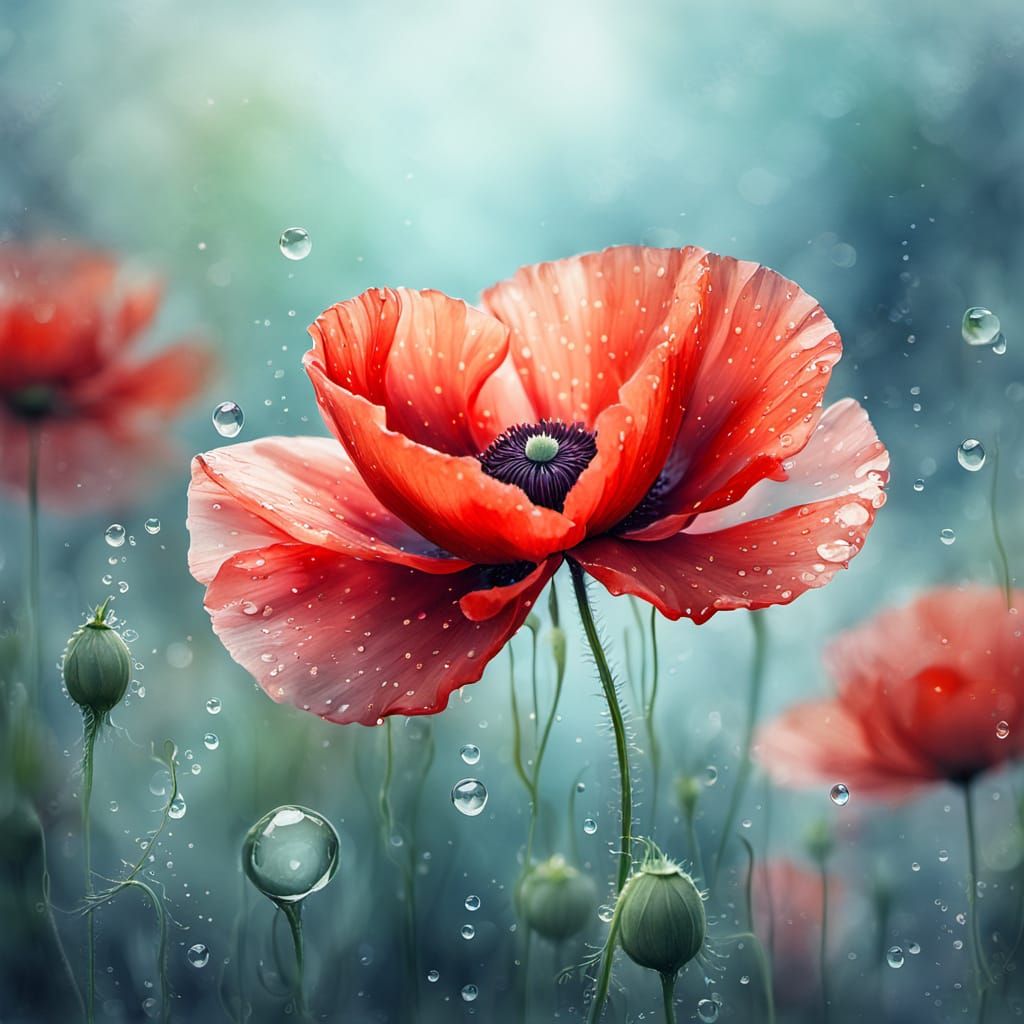 Red Poppy in Water Watercolor Painting