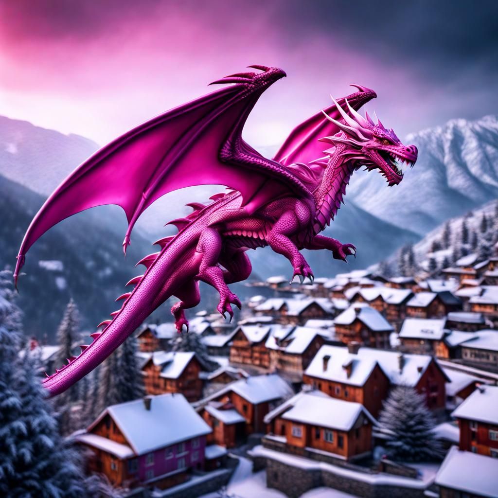 Pink Metal Dragon Over Winter Mountain Town
