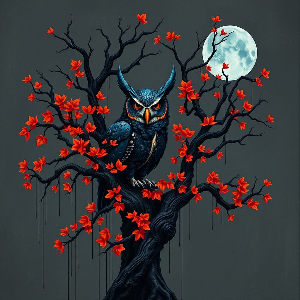 Steampunk Owl in Surreal Biomechanical Tree