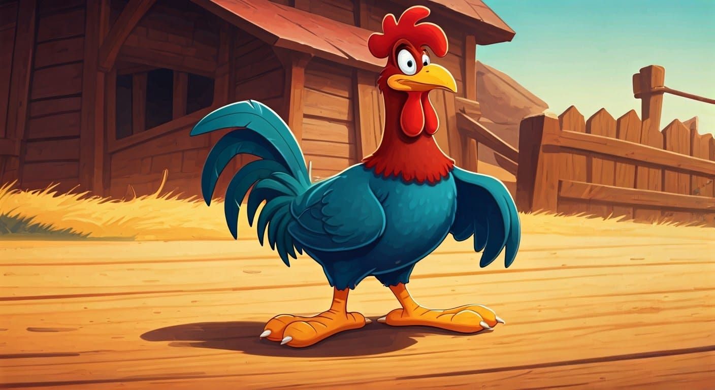 Vibrant Vintage Rooster in Barnyard Scene, Ink Drawing Style