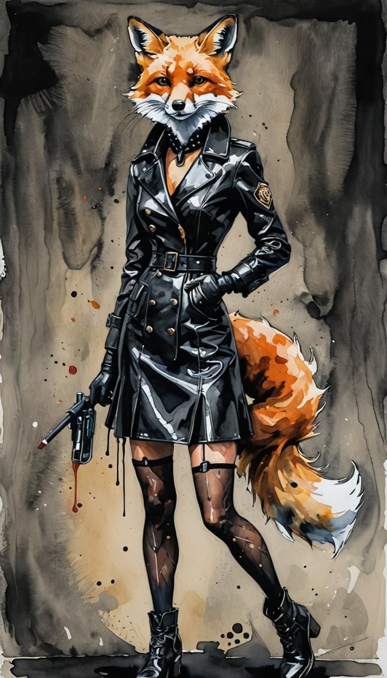 Sensual Fox in Leather, Gouache Style