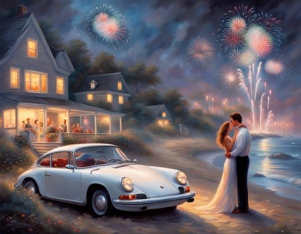 Hamptons Beach Fireworks with Porsche in Kinkade Style