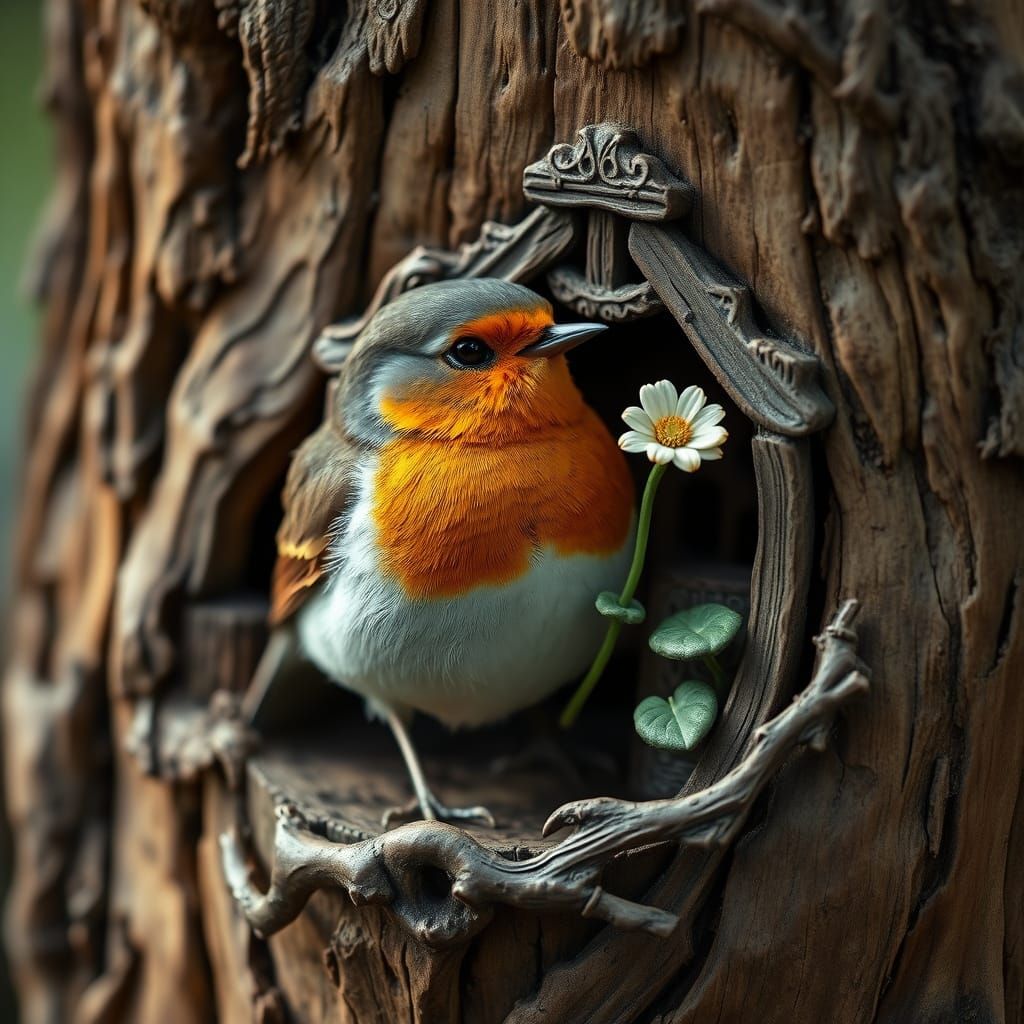 Robin in Renaissance Cottage Treehouse: Digital Art