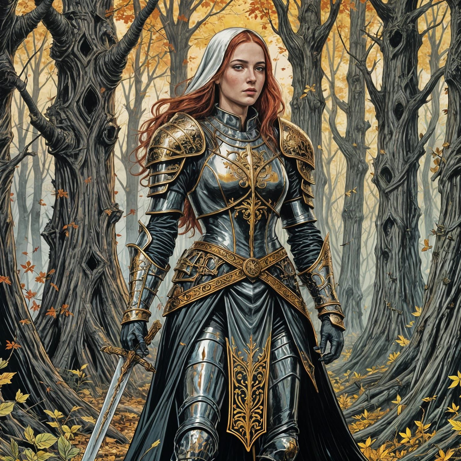Gothic Knight Nun in Dark Fantasy Forest