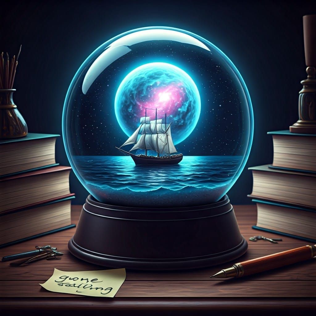 Enchanted Snow Globe with Sailing Boat and Nebula